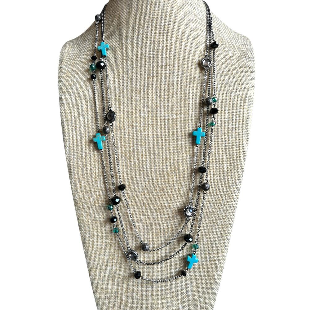 C.I.T.Y. Faux Turquoise Cross Necklace with Earrings.
